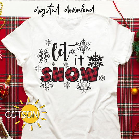 Let it snow SVG with snowflakes and Buffalo plaid texture