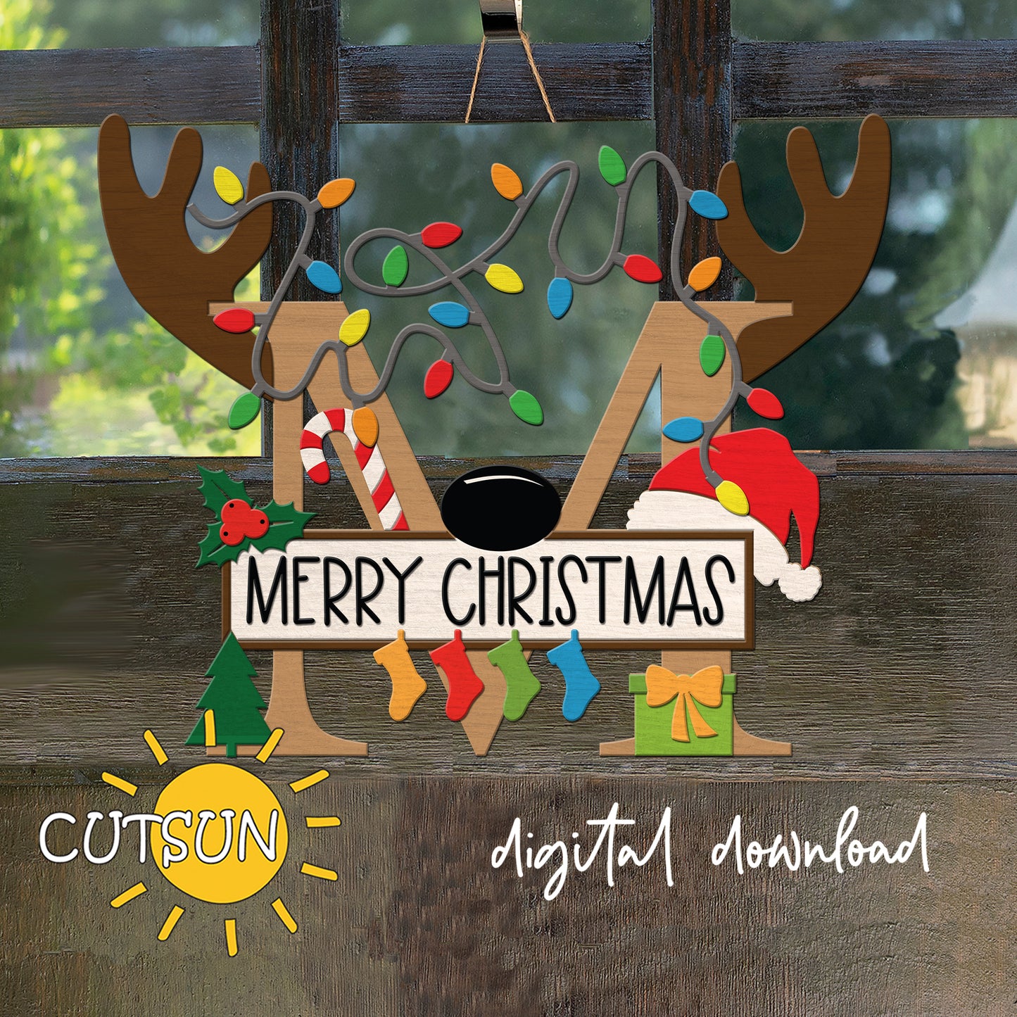 Laser cut Christmas door sign - monogram letter M with antlers, Christmas lights, candy cane, holly berry, a Christmas tree, a present, Santa hat and four stockings.
