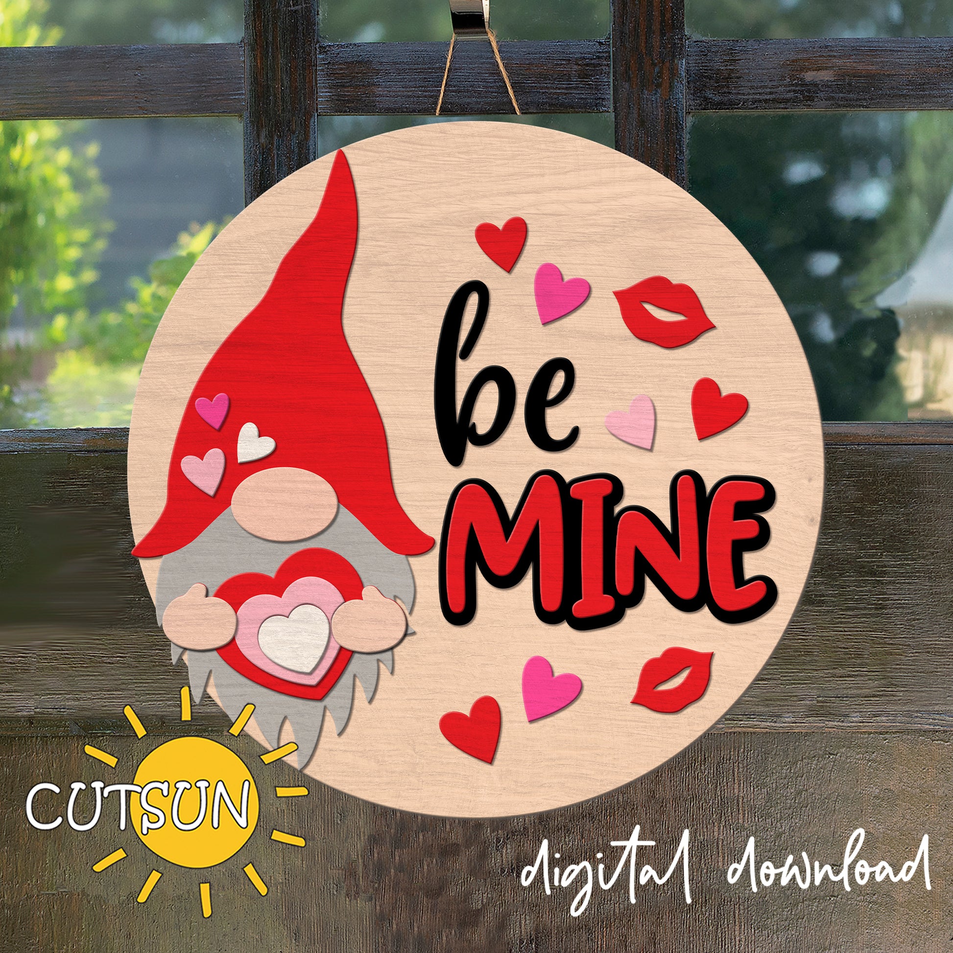 Decorative sign with a gnome, hearts, and 'be MINE' text on a wooden background.