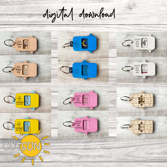 Collection of colorful keychains on a wooden surface with 'CUTSUN' branding.