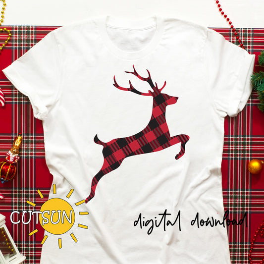 White t-shirt with red and black plaid deer design on a red plaid background, featuring 'CUTSUN' logo.