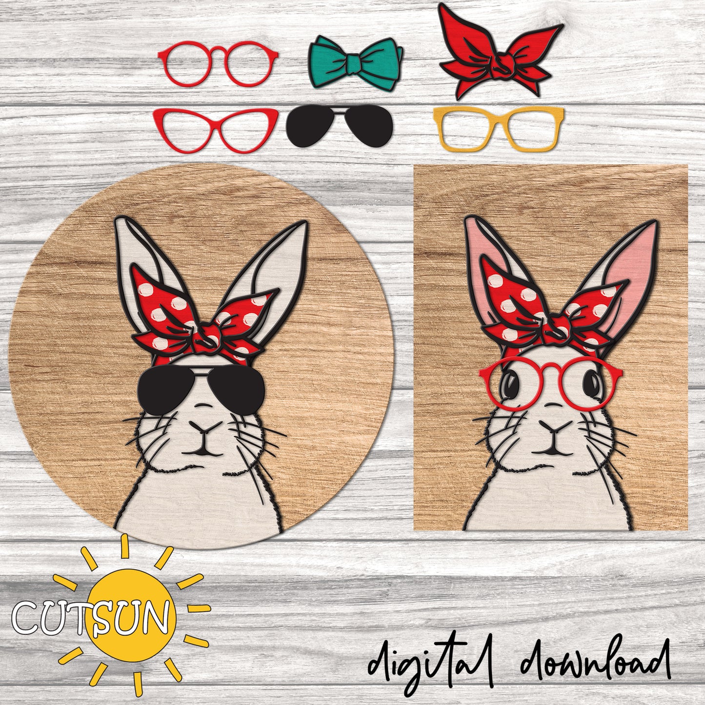 Digital download of a rabbit with sunglasses and a bandana on a wooden background, featuring accessories like glasses and bows.
