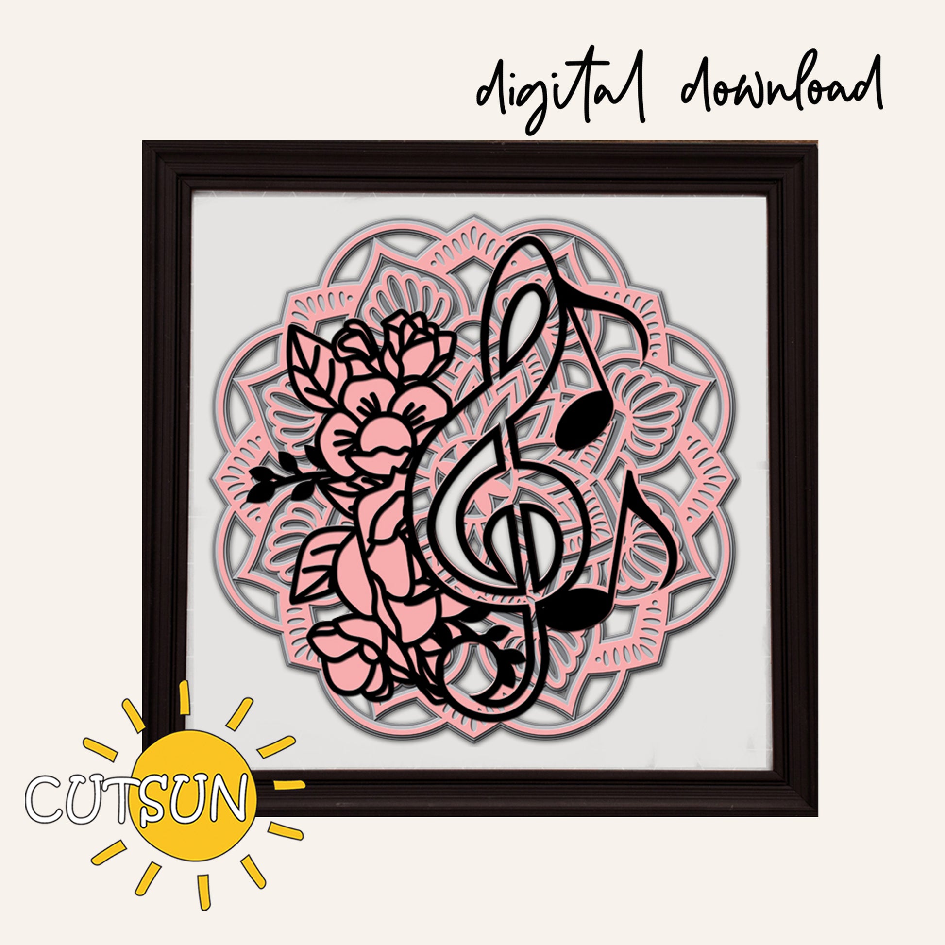 Decorative design with musical notes and flowers in a mandala style, framed with 'CUTSUN' logo.