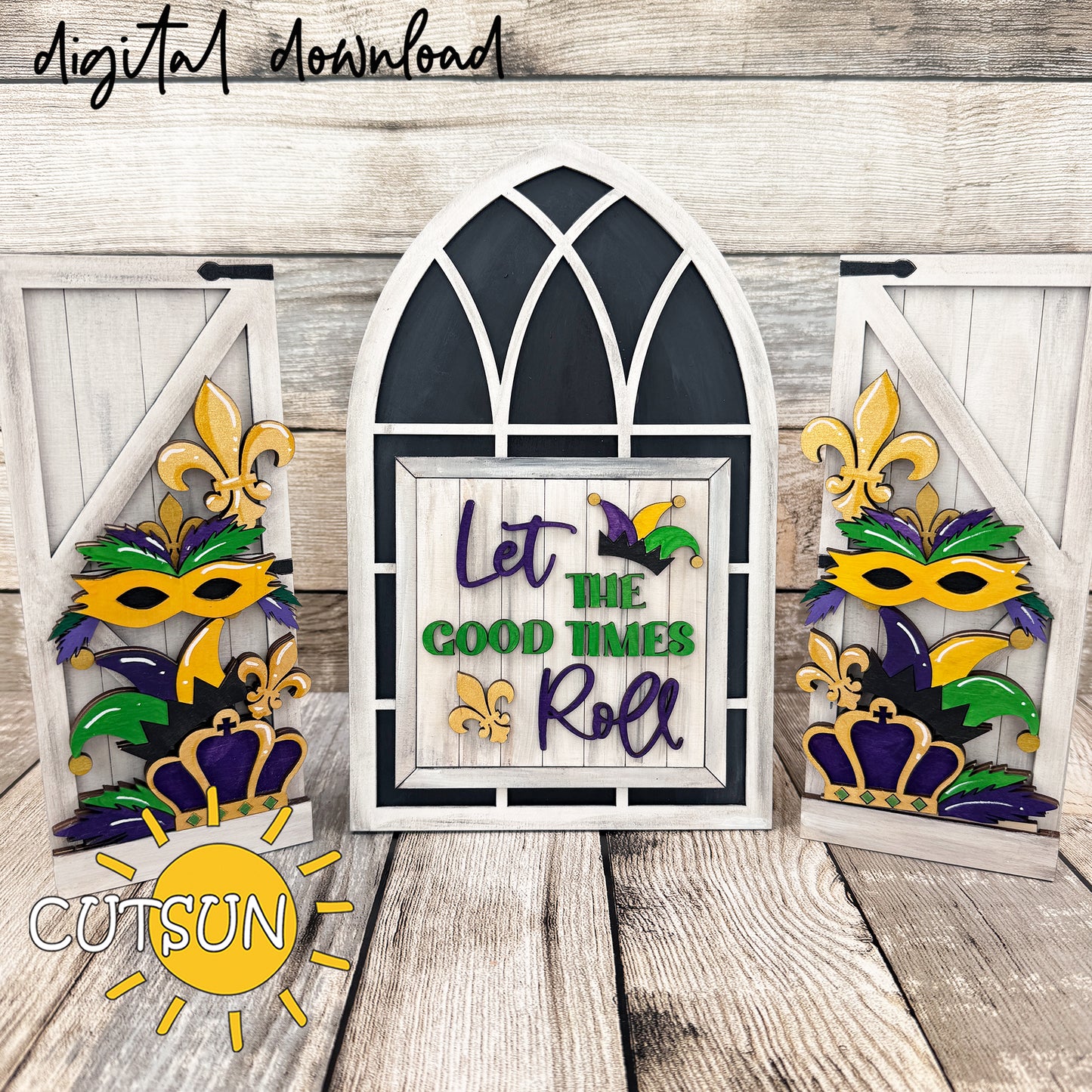 Mardi Gras interchangeable add-on for farmhouse window sign featuring masks, fleur-de-lis, crowns, and purple green gold accents cut from layered wood