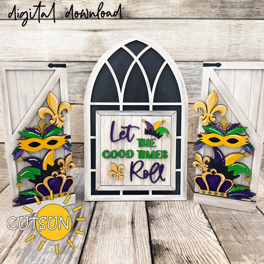 Mardi Gras interchangeable add-on for farmhouse window sign featuring masks, fleur-de-lis, crowns, and purple green gold accents cut from layered wood
