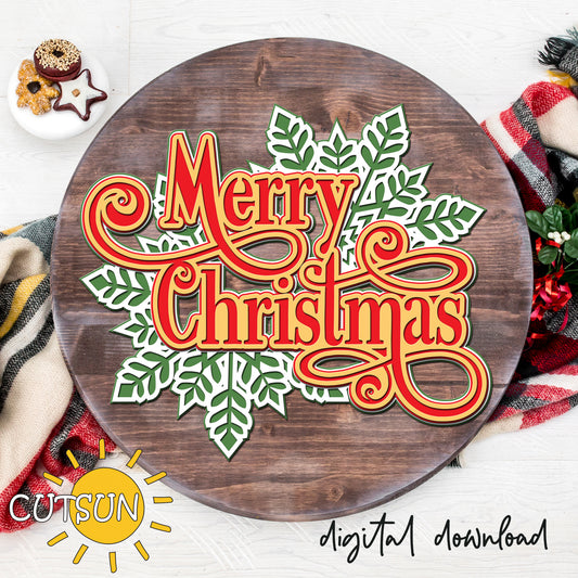 Wooden round sign with 'Merry Christmas' text and green leaves on a festive background.