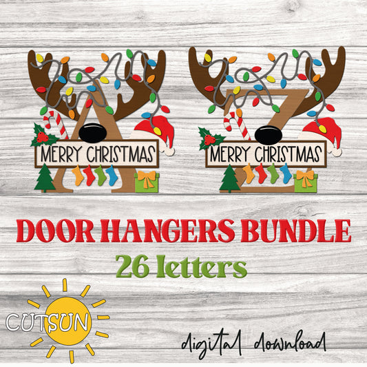 Two Christmas-themed door hangers with reindeer antlers and candy canes on a wooden background, featuring 'Merry Christmas' text.