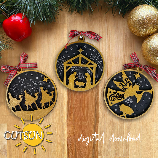 Three Christmas ornaments with nativity scene, angel, and star designs on a wooden surface with 'CUTSUN' branding.