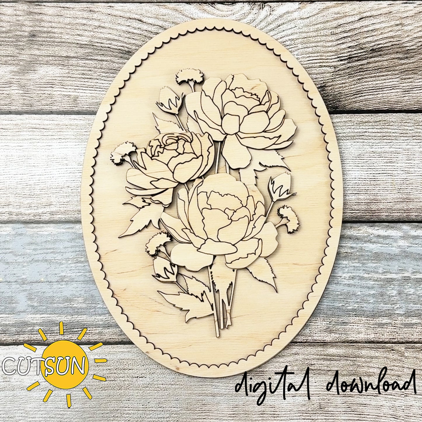 Peonies & Hydrangeas Oval Frame Add-On SVG | Floral Insert + Engraving Background + Stencil Background | Laser Cut File Digital Download