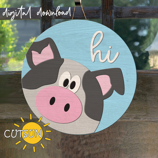 Digital download for a round door hanger featuring a cute pig peeking from the side and the word 'hi'. 