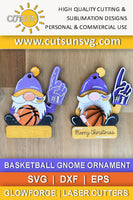 Digital download featuring a cheerful Basketball gnome: a fan holding a foam hand and basketball with customizing options. Two versions included: laser cut file to score & paint or cut & assemble. Great for decorating your Christmas tree, gift tags, or a present to a basketball fan. Previews included, 4" height. 
