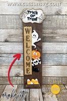 Trick or treat SVG porch sign add-on with an Interchangeable Porch leaner SVG Ghost vertical sign SVG Halloween porch decor Laser cut file