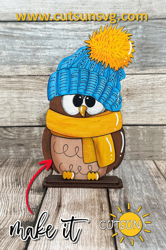 Pom Pom Owl Shelf Sitter SVG | Winter Owl Laser Cut File