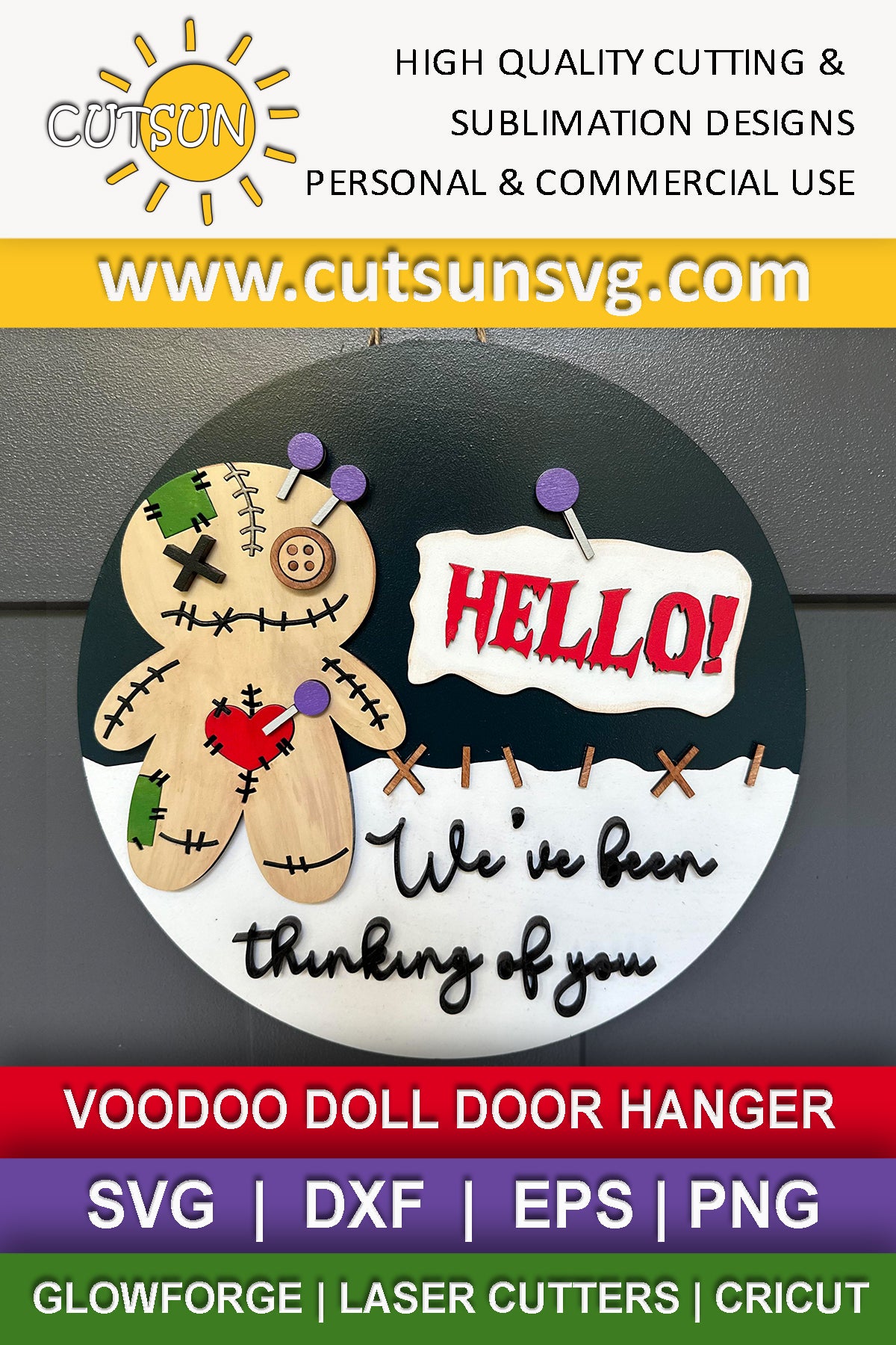 Voodoo doll door hanger with the words Hello! We've been thinking of you - SVG file for cut machines