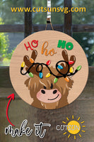 Highland Cow Ho Ho Ho Door Hanger SVG Christmas lights door hanger SVG