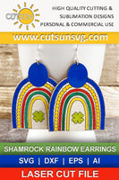 SVG digital download for laser cutters featuring a vibrant rainbow with a shamrock in its center earrings design