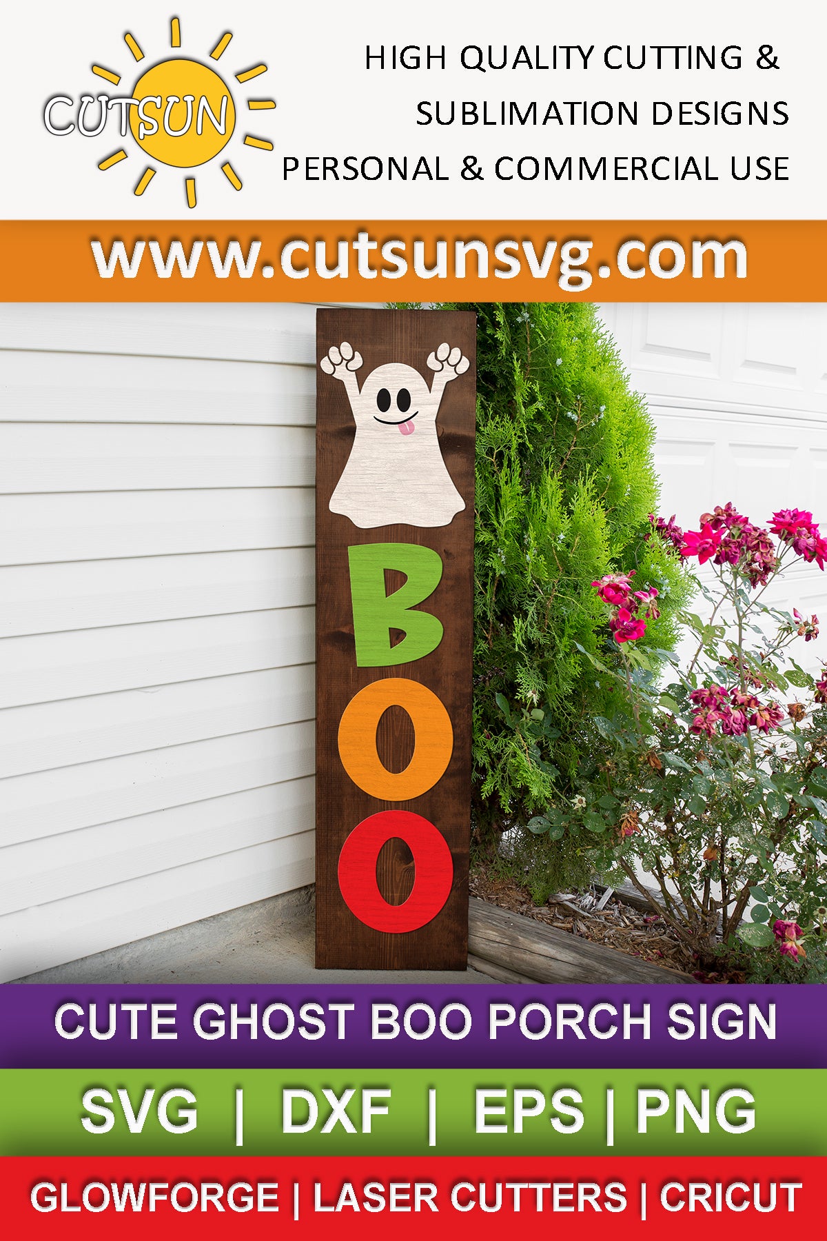Vertical Halloween porch sign SVG file featuring a cute Ghost and the word BOO