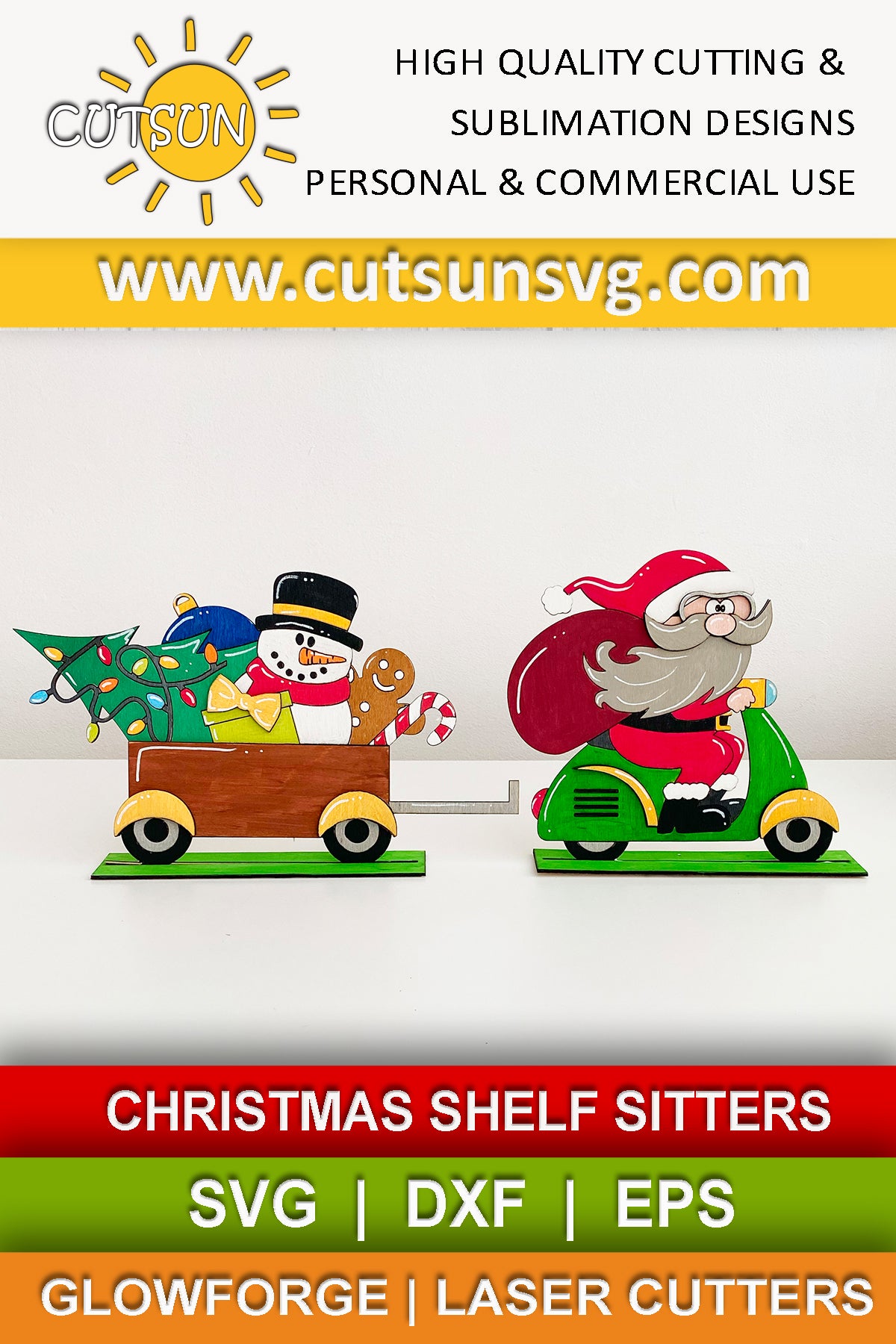 Standing Christmas decoration with Santa on a motorcycle and a wagon full with Christmas items