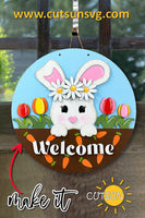 Easter Door Hanger SVG | Bunny with Daisy Welcome Sign | Laser Cut File