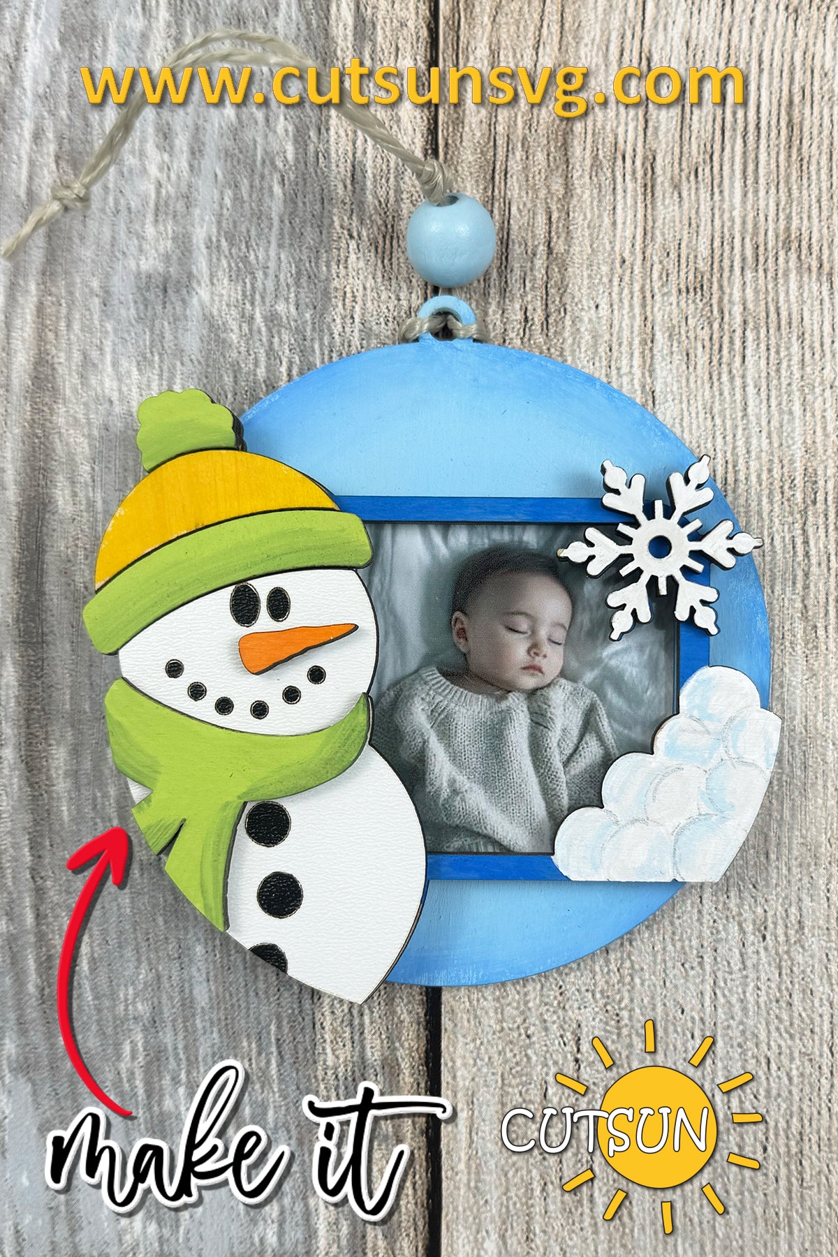 Snowman Photo Ornament SVG – Laser Cut Christmas Picture Frame with Snowman, Digital File for Baby’s First Christmas Keepsake
