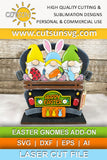 Three Easter gnomes holding Easter items: an Easter egg, a carrot and an Easter bunny on an Interchangeable standing truck - SVG file for laser cutting