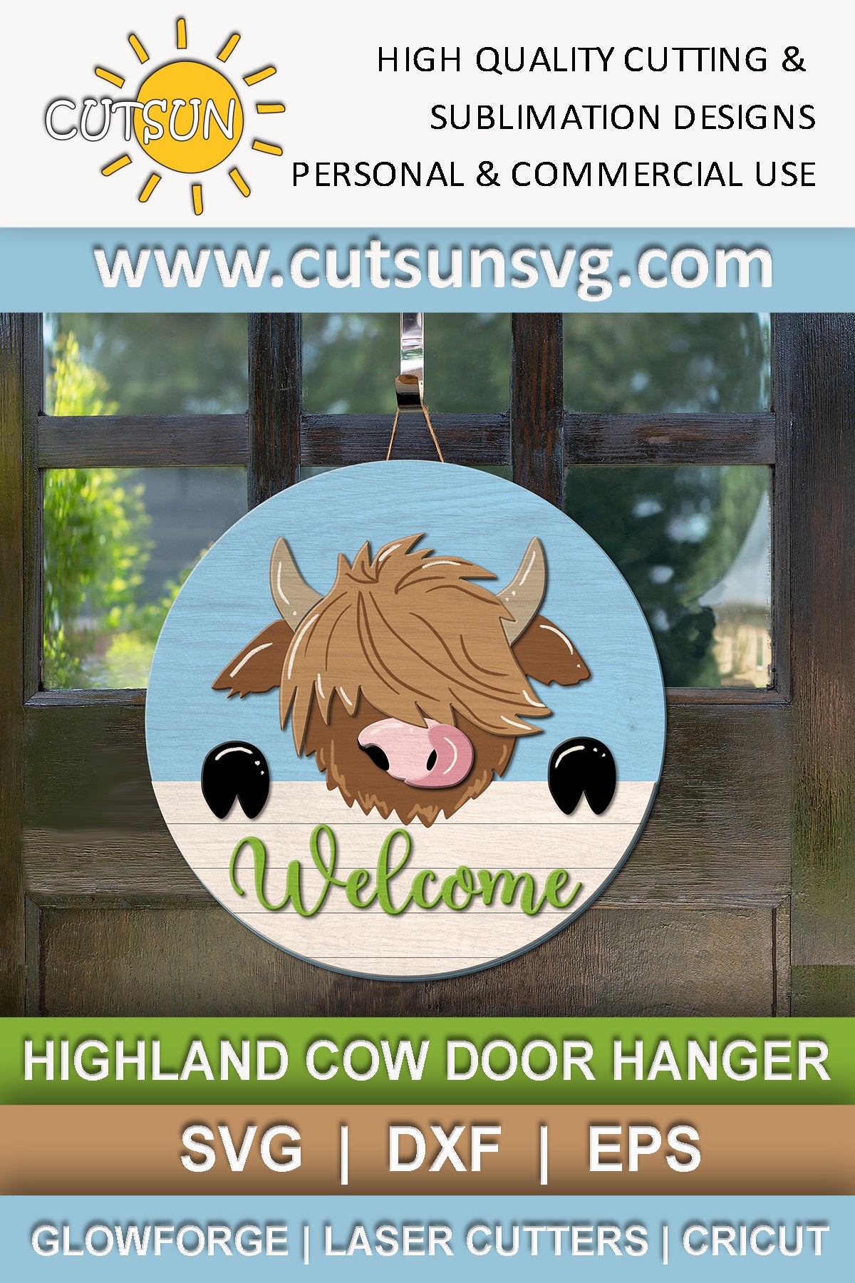 Highland cow door hanger laser cut file