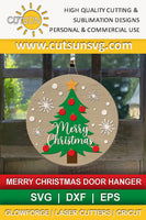 Christmas door hanger featuring a Christmas tree with red baubles and a star topper surrounded by snowflakes and the words Merry Christmas