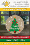 Christmas door hanger featuring a Christmas tree with red baubles and a star topper surrounded by snowflakes and the words Merry Christmas