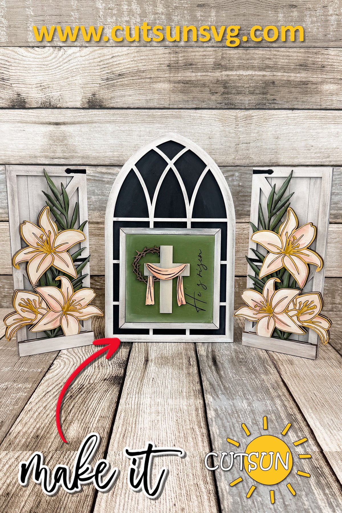 He Is Risen Interchangeable Farmhouse Window Add-On SVG – Easter Cross Layered Laser Cut File