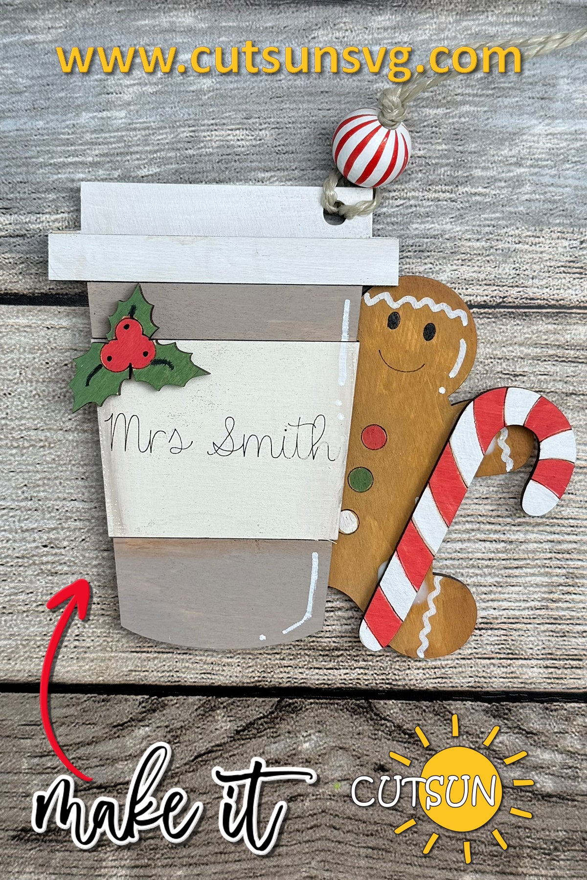 Teacher Ornament SVG – Latte Cup & Gingerbread Boy with Candy Cane | Christmas Laser Cut File