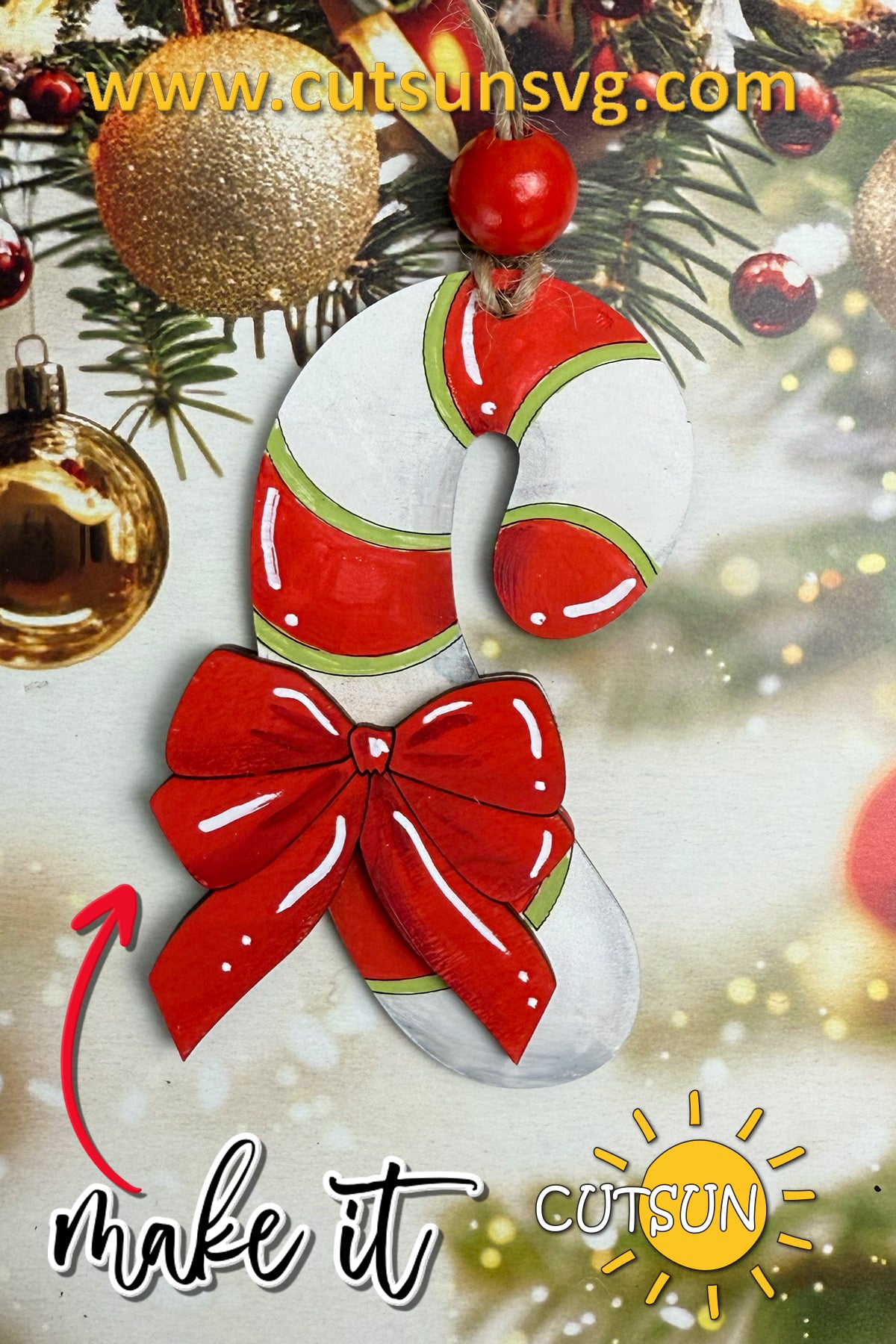 Candy Cane Ornament SVG with Big Bow | Layered Christmas Laser Cut File