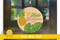 Pineapple with monstera leaves and the words Hello summer SVG digital download