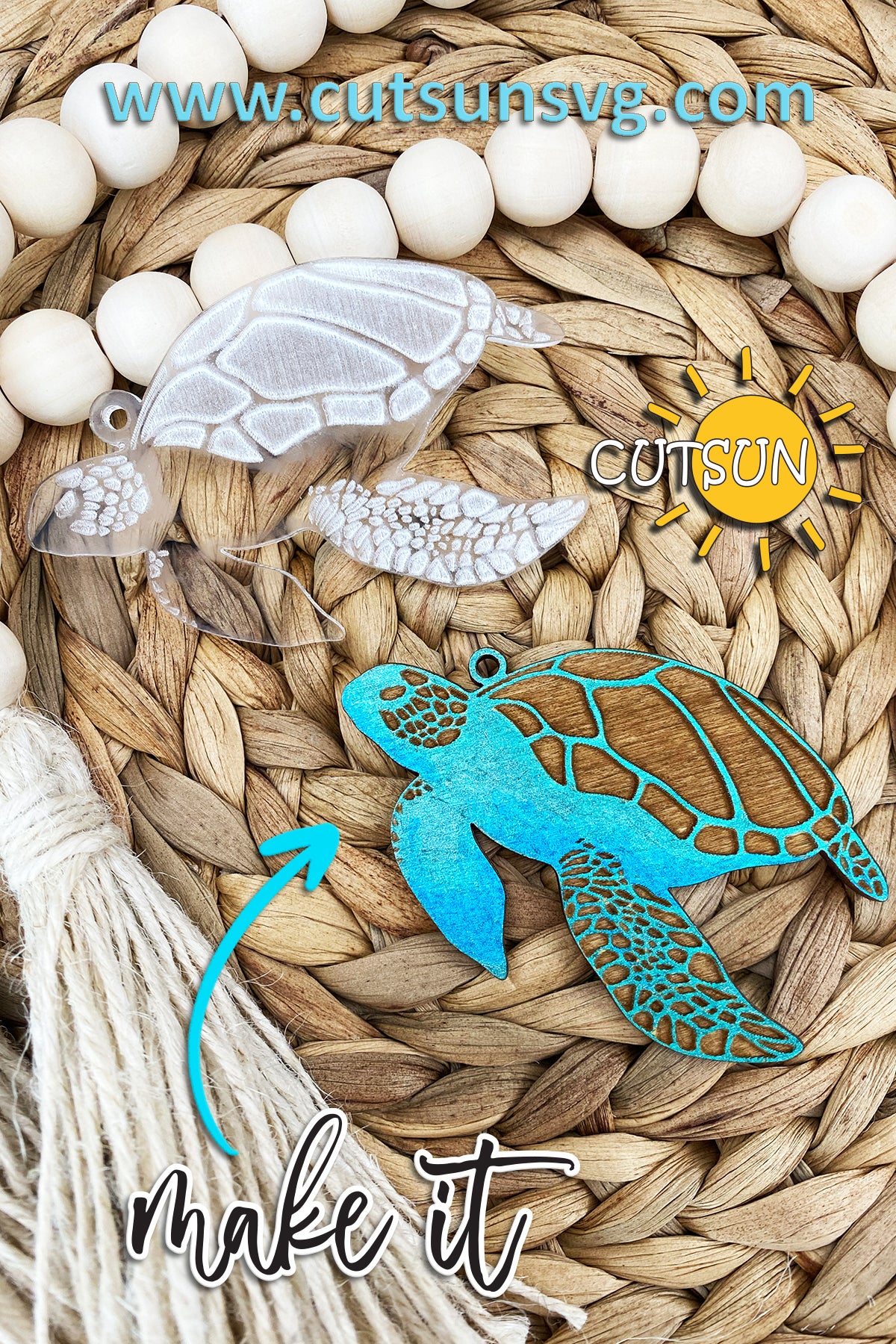Laser-cut sea turtle keychains in blue wood and engraved clear acrylic, displayed on a woven background with wooden beads and a tassel.