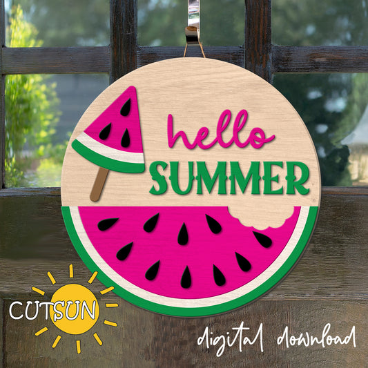 Watermelon door hanger SVG Summer door hanger Welcome sign SVG Laser cut files Hello summer svg Popsicle svg Glowforge svg file