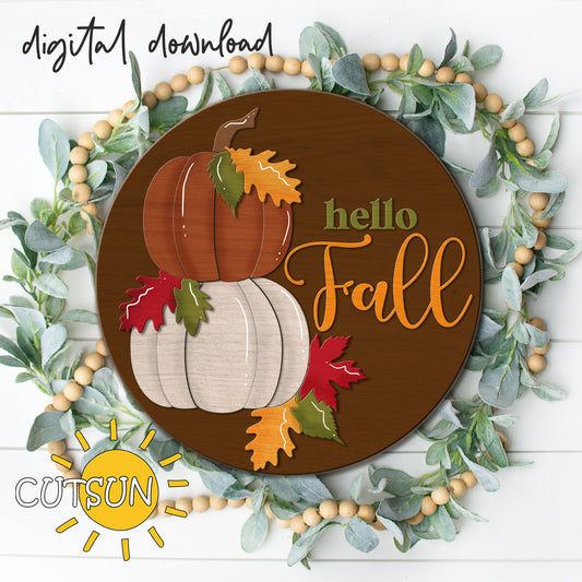 Hello Fall Round Sign SVG – Pumpkin Door Hanger Laser Cut File with Autumn Leaves for Glowforge & xTool