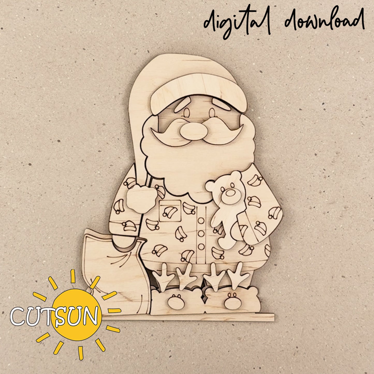 Santa in Pajamas Shelf Sitter SVG Laser Cut File – Cute Christmas Santa Decoration Digital Download