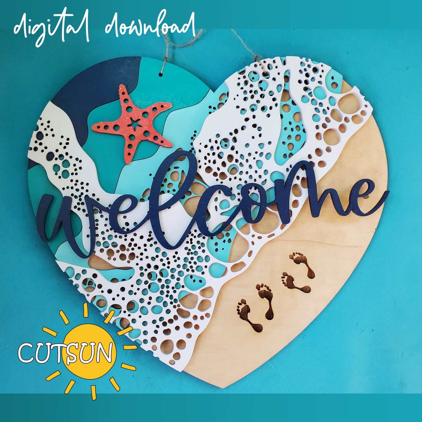 Digital download for a heart shaped door hanger featuring sea waves, a starfish, sea foam, foot prints and the word 'Welcome'.