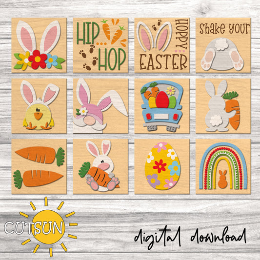 Set of Easter-themed digital stamps on a wooden background with 'CUTSUN' branding.