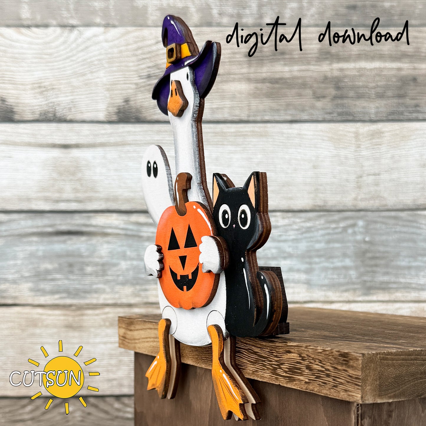 Halloween Goose Shelf Sitter SVG with Witch Hat and Pumpkin | Layered Halloween Shelf Decor Laser Cut File | Digital Download