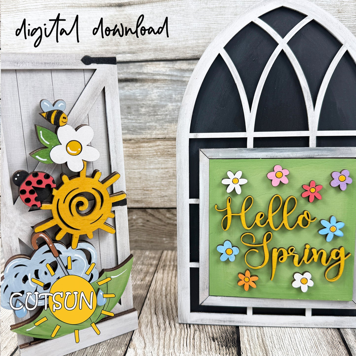 Hello Spring Farmhouse Window Add-On SVG Laser Cut File – Interchangeable Spring Insert Digital Download