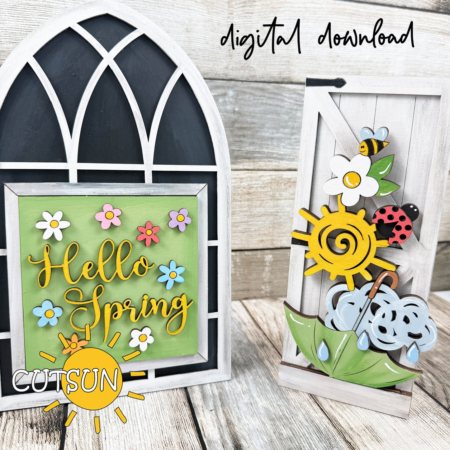 Hello Spring Farmhouse Window Add-On SVG Laser Cut File – Interchangeable Spring Insert Digital Download
