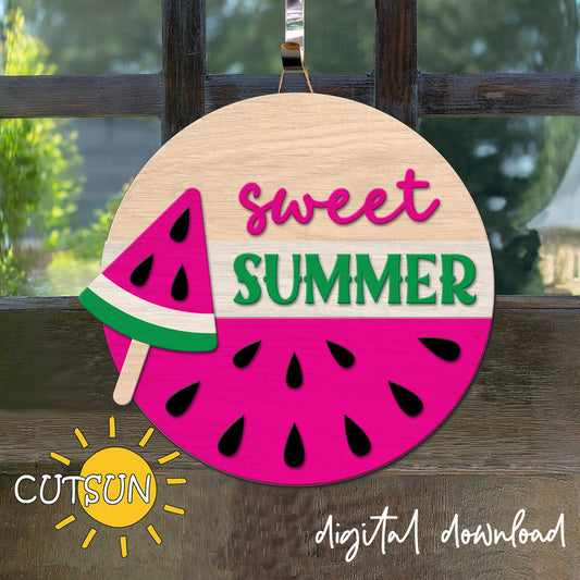 Watermelon door hanger SVG Summer door hanger Welcome sign SVG Laser cut files Hello summer svg Popsicle svg Glowforge svg file