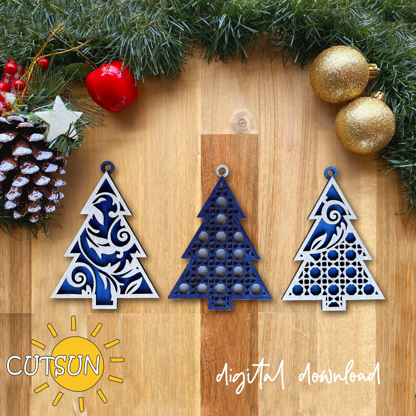 Christmas Tree Ornament SVG Bundle | Rattan Cane Christmas Tree Ornaments | Farmhouse Christmas Laser Cut File