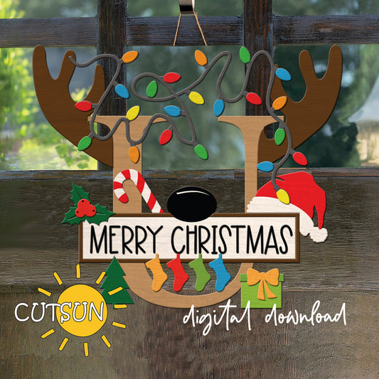 Laser cut Christmas door sign - monogram letter U with antlers, Christmas lights, candy cane, holly berry, a Christmas tree, a present, Santa hat and four stockings.