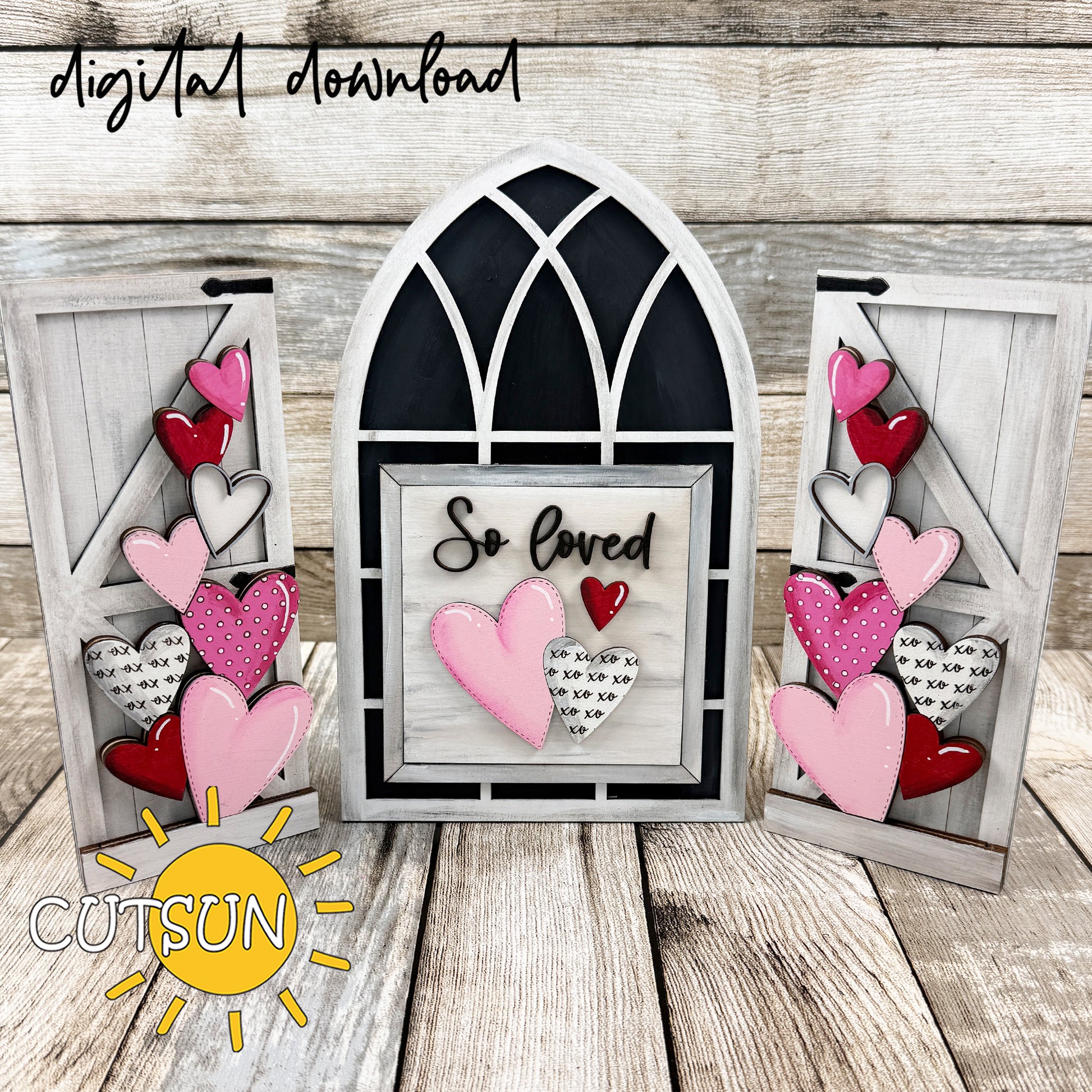 Interchangeable Farmhouse Window Valentine’s Day add-on with layered hearts on shutters and “So loved” center insert, digital download.
