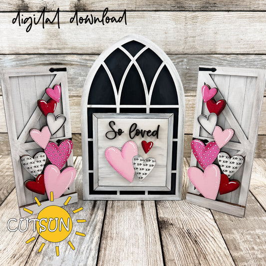 Interchangeable Farmhouse Window Valentine’s Day add-on with layered hearts on shutters and “So loved” center insert, digital download.
