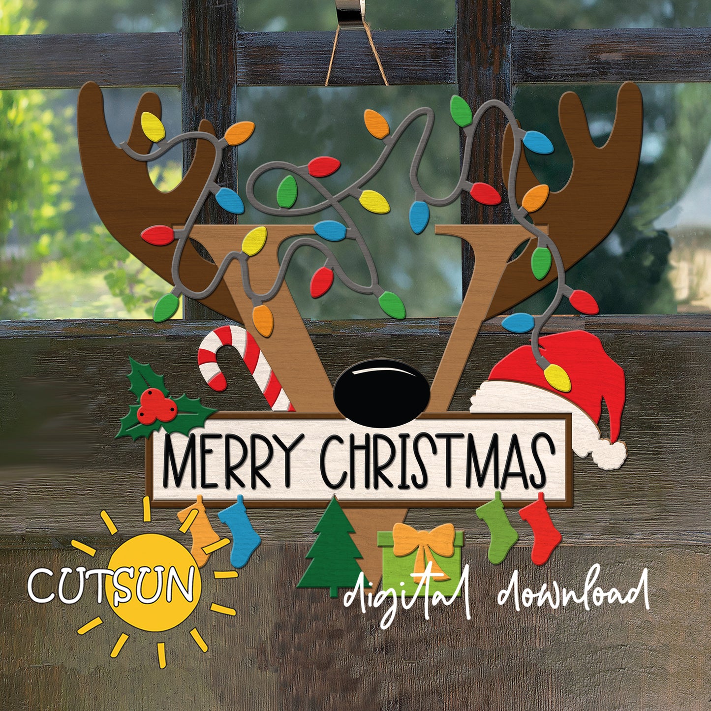 Laser cut Christmas door sign - monogram letter V with antlers, Christmas lights, candy cane, holly berry, a Christmas tree, a present, Santa hat and four stockings.