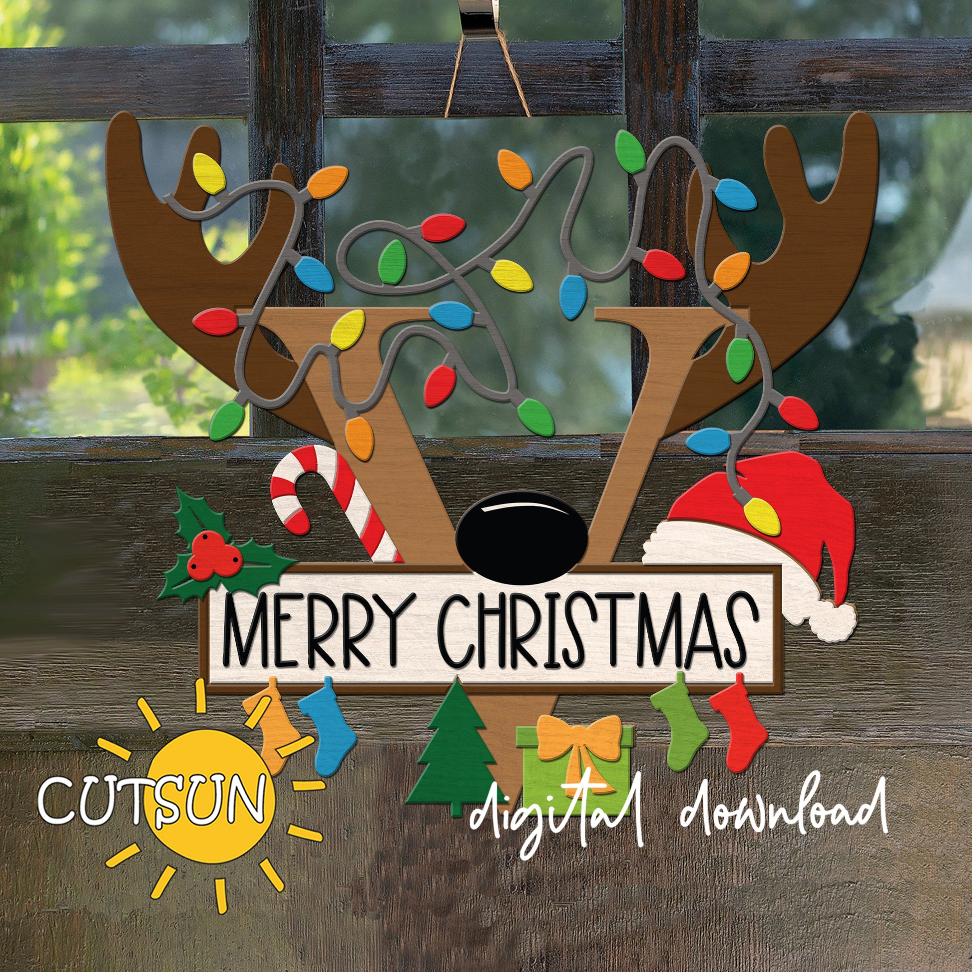 Laser cut Christmas door sign - monogram letter V with antlers, Christmas lights, candy cane, holly berry, a Christmas tree, a present, Santa hat and four stockings.