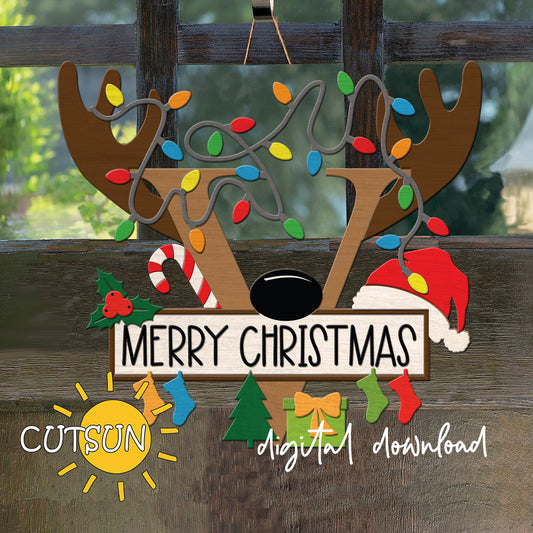 Laser cut Christmas door sign - monogram letter V with antlers, Christmas lights, candy cane, holly berry, a Christmas tree, a present, Santa hat and four stockings.