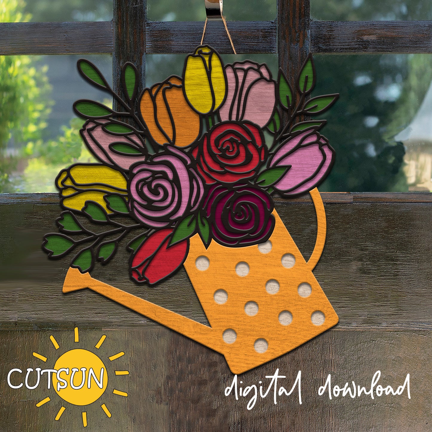 Decorative floral design in a watering can shape with 'CUTSUN' branding.